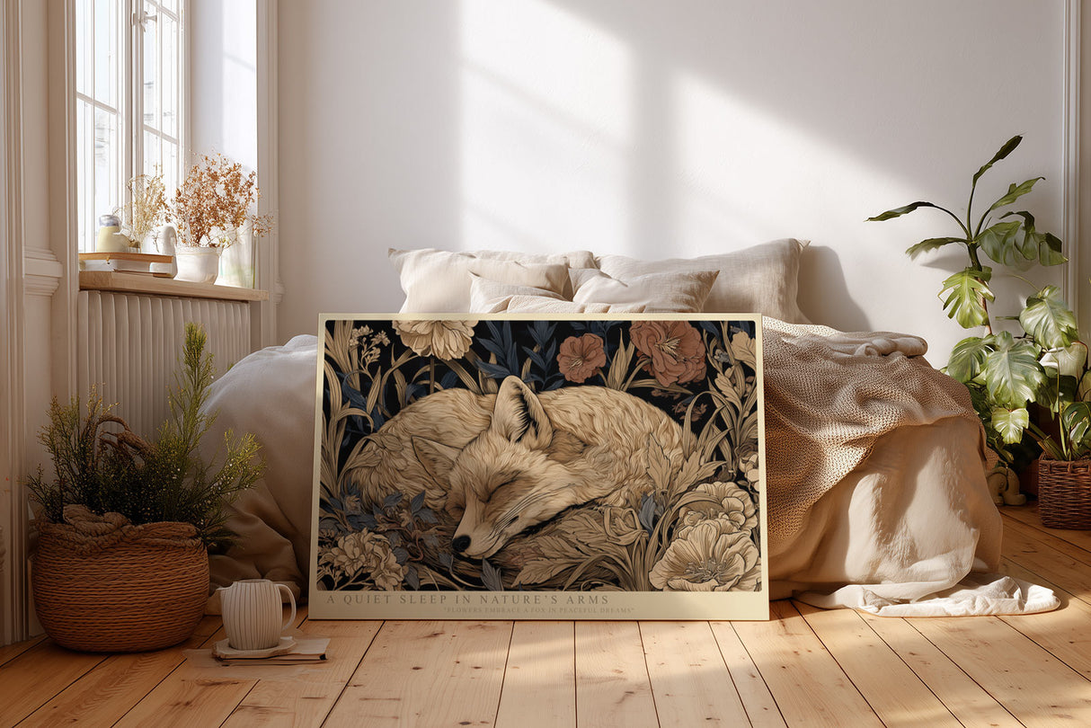 Paul Sinus Wandbild A Quiet Sleep in Nature’s Arms – Friedlich schlafender Fuchs umgeben von Blumen, detailreiche Naturillustration in warmen Erdtönen