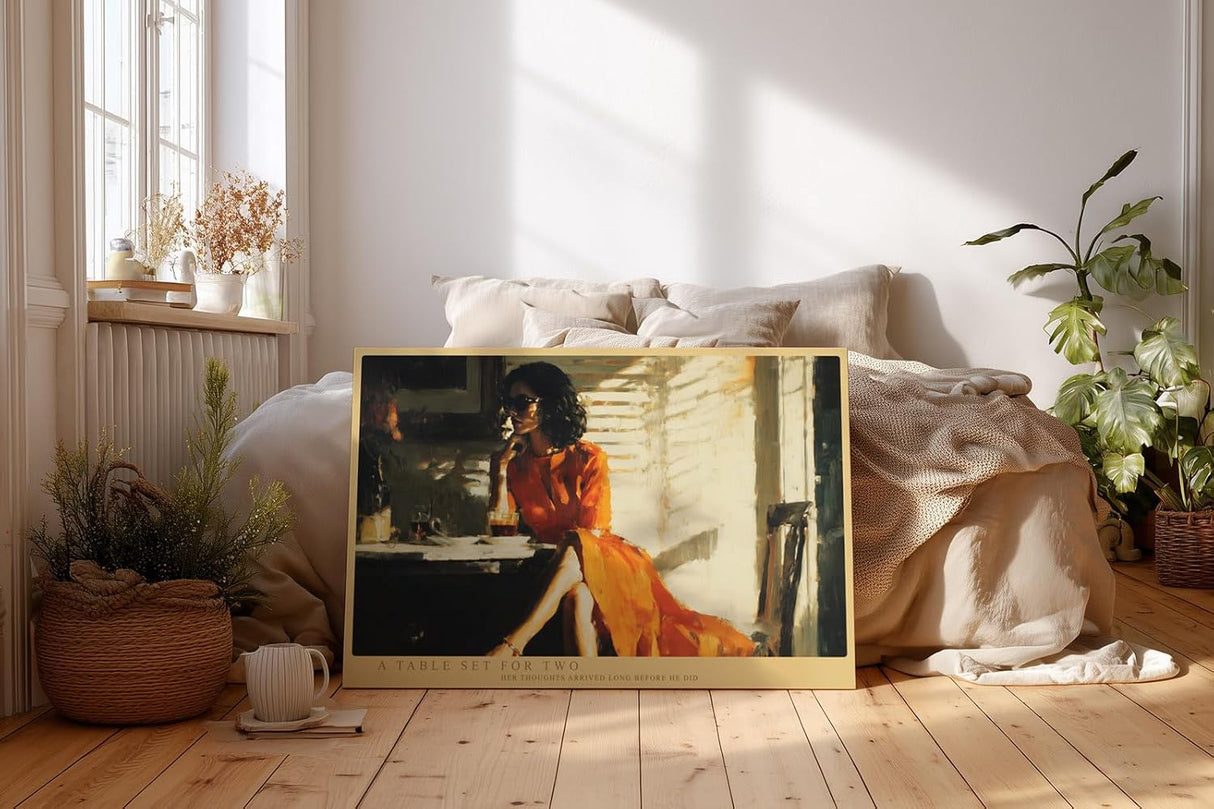 Paul Sinus Wandbild 120x80cm A Table Set for Two romantische Café Szene mit Frau im roten Kleid Kunst Poster für Wohnzimmer Schlafzimmer