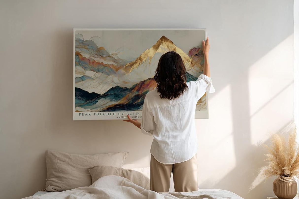 Paul Sinus Wandbild 120x80cm abstrakte Berglandschaft modern gold blau elegante Kunst Kunstdruck grosses Kunstbild stilvolle Wanddekoration fuer Wohnzimmer Büro