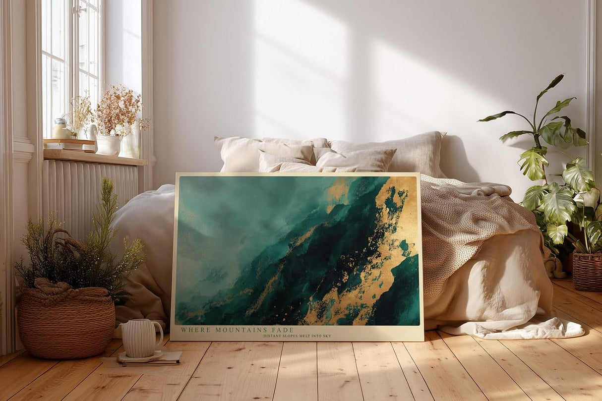 Paul Sinus Wandbild 120x80cm abstrakte Berglandschaft modern gruen gold Kunst Kunstdruck grosses Wandbild 120x80cm elegante Natur Wanddekoration fuer Wohnzimmer Büro