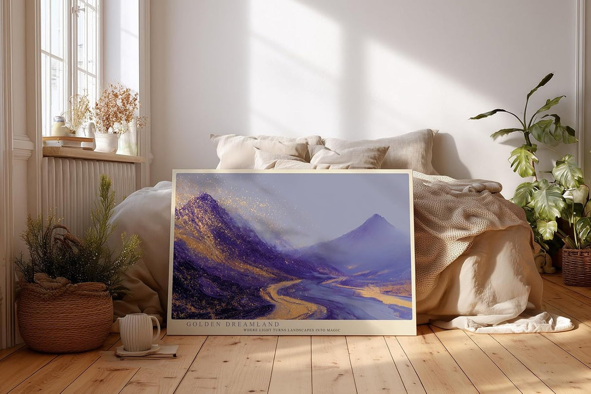 Paul Sinus Wandbild 120x80cm abstrakte Berglandschaft violett gold moderne Landschaftskunst traumhafte Naturmalerei grosses Kunstbild Wanddekoration fuer Wohnzimmer Büro
