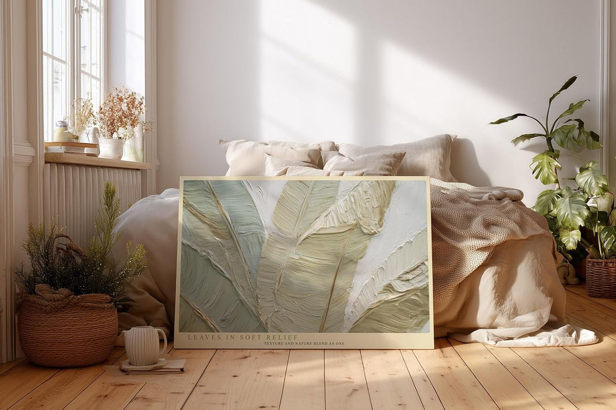 Paul Sinus Wandbild 120x80cm abstrakte Blattstruktur modern beige gruen Naturrelief Kunstdruck grosses Wandbild 120x80cm elegante Wanddekoration fuer Wohnzimmer Büro