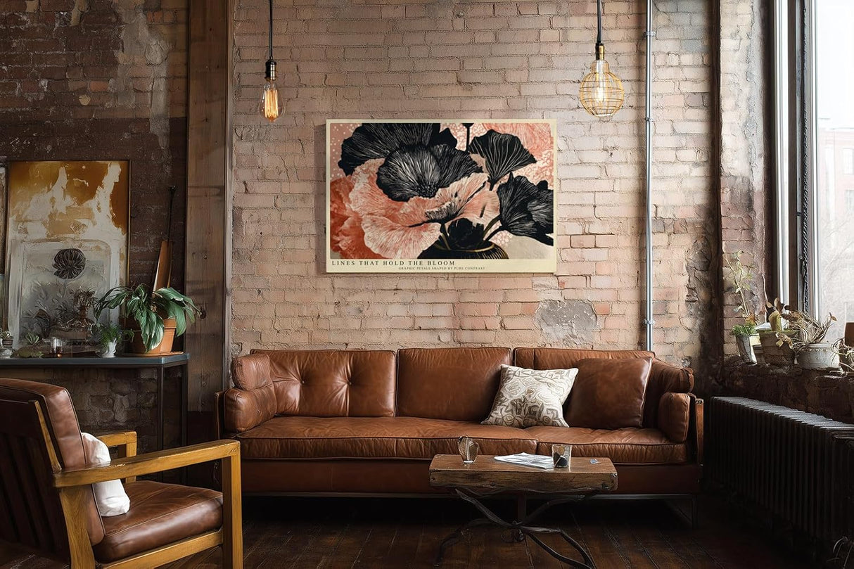 Paul Sinus Wandbild 120x80cm abstrakte Blumen Illustration schwarz apricot grafische Florale Kunst modernes Linien Design stilvolle Wanddekoration fuer Wohnzimmer Büro