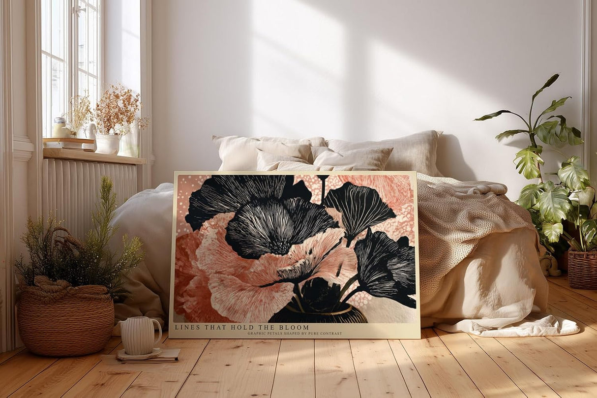 Paul Sinus Wandbild 120x80cm abstrakte Blumen Illustration schwarz apricot grafische Florale Kunst modernes Linien Design stilvolle Wanddekoration fuer Wohnzimmer Büro