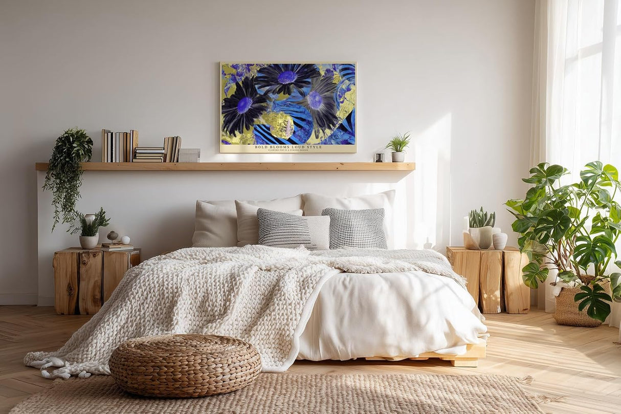 Paul Sinus Wandbild 120x80cm Abstrakte Blumen in kräftigen Farben – Modernes florales Kunstmotiv in Blau und Gelb für kreative Wohnräume