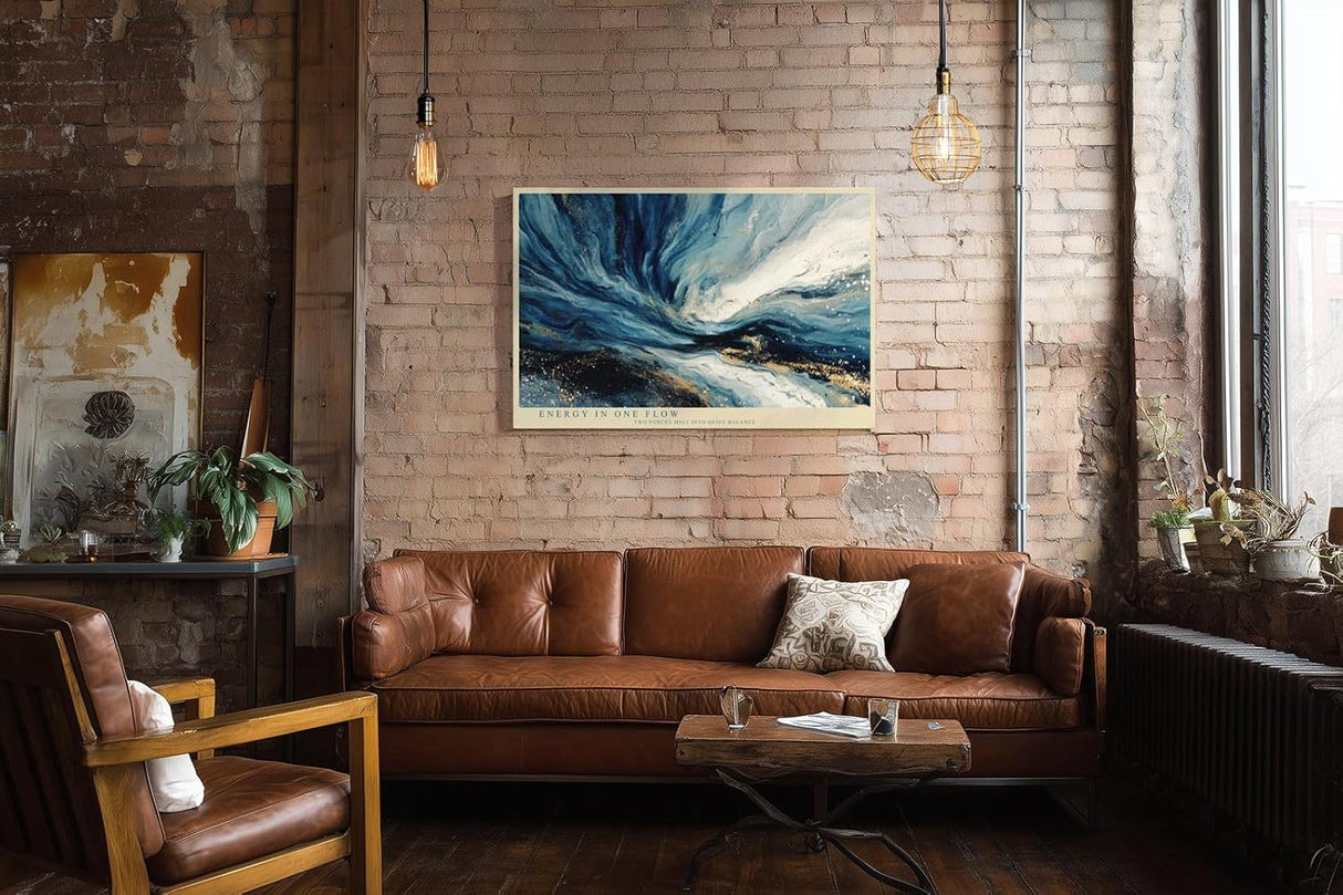 Paul Sinus Wandbild 120x80cm Abstrakte Energie Bewegung in Blau Weiss und Gold Moderne Kunst Wanddekoration