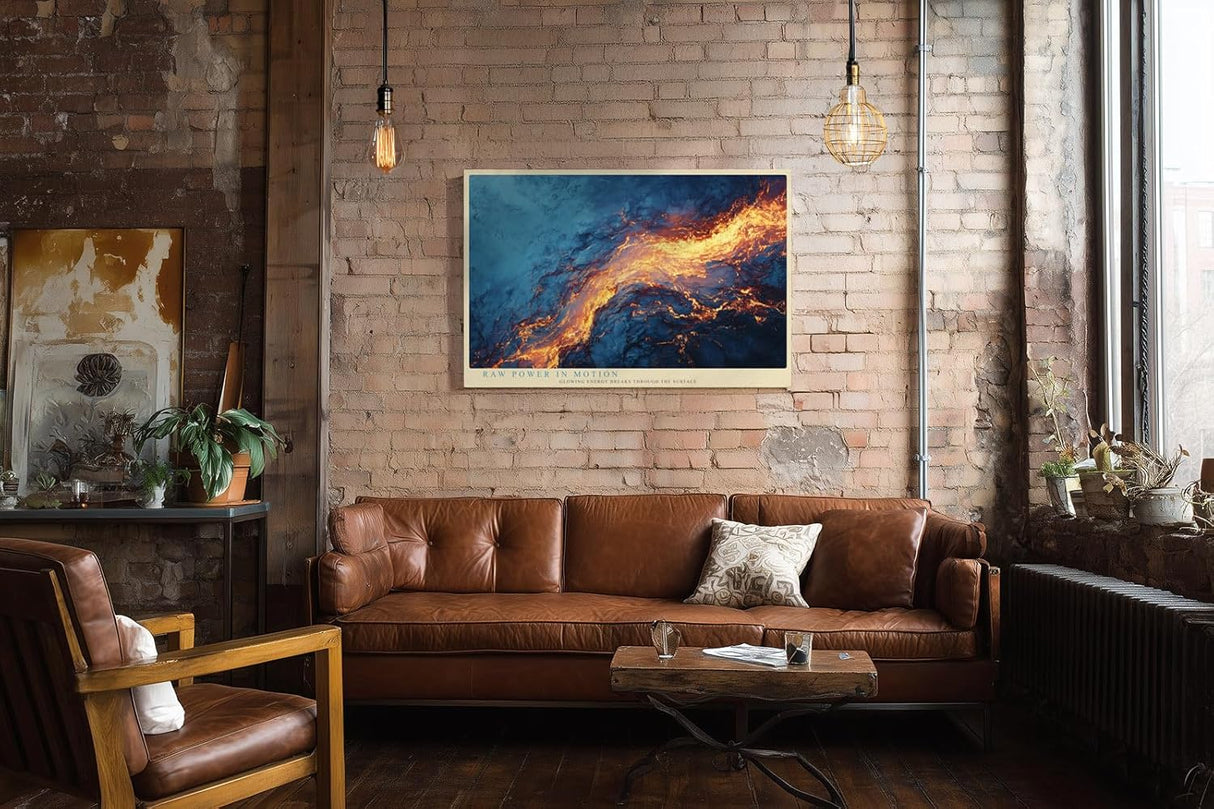 Paul Sinus Wandbild 120x80cm abstrakte Energie modern blau orange Lava Stil Kunst Kunstdruck grosses Kunstbild dynamische Wanddekoration fuer Wohnzimmer Büro