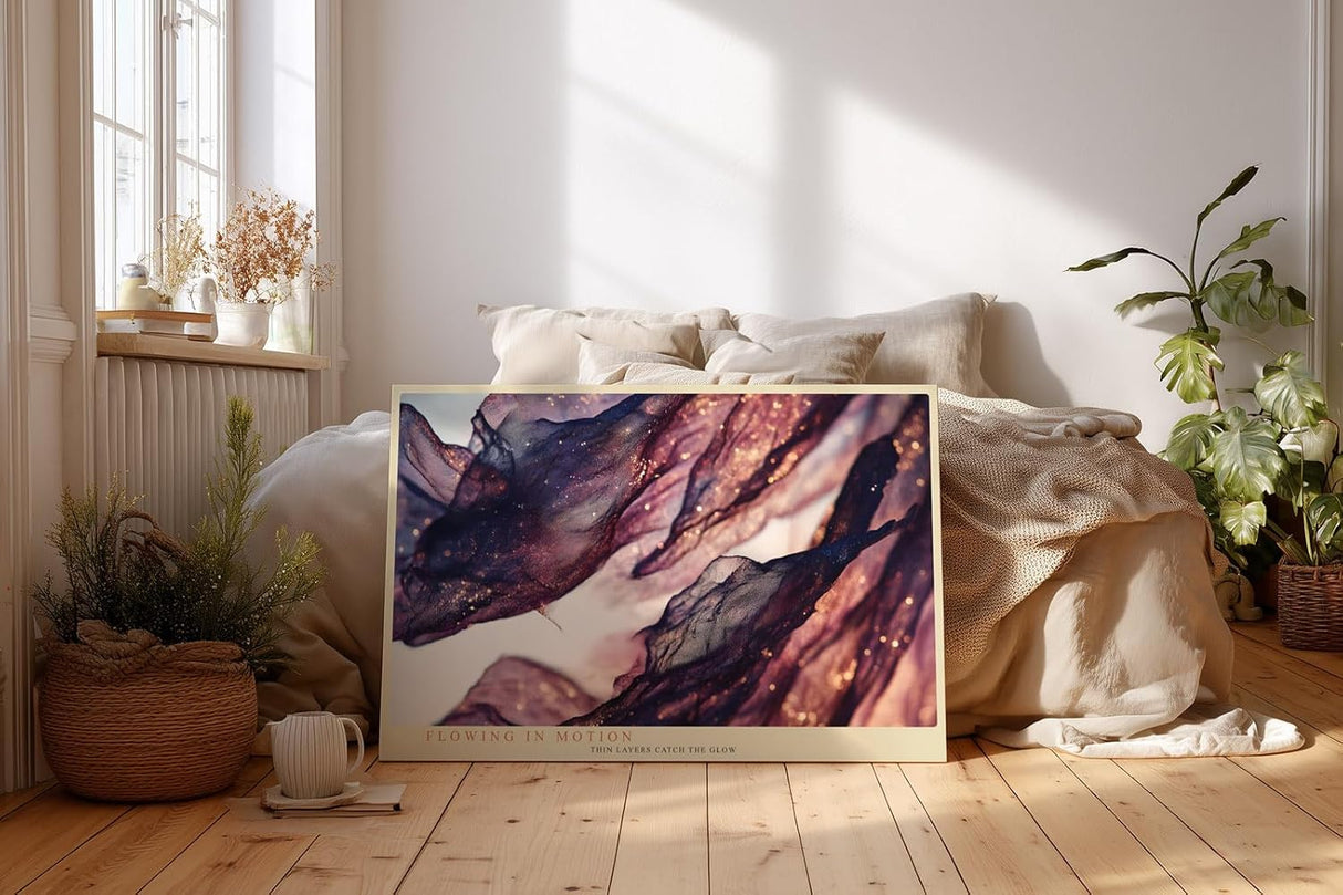 Paul Sinus Wandbild 120x80cm abstrakte Farbbewegung moderne Fluid Kunst violett goldene Strukturen elegantes Kunstmotiv stilvolle Wanddekoration fuer Wohnzimmer Büro