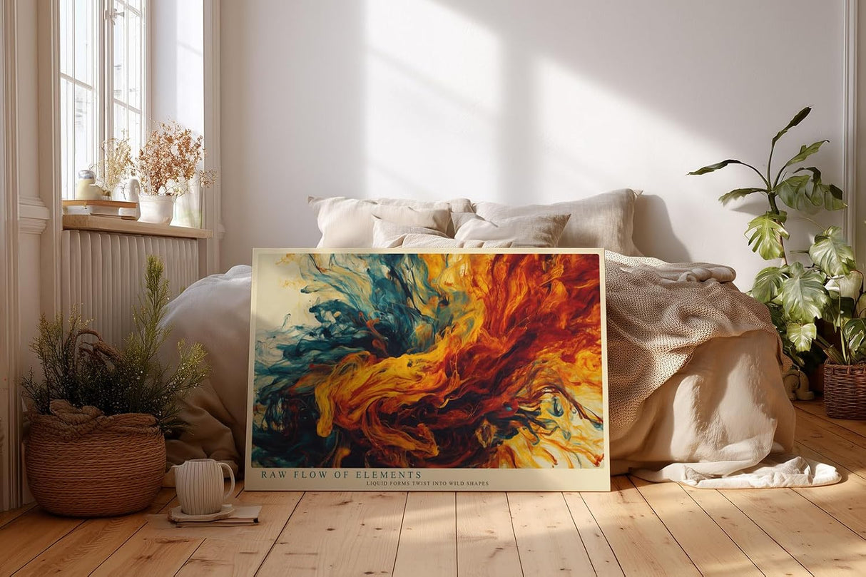 Paul Sinus Wandbild 120x80cm abstrakte Farben Explosion modern blau orange Kunst Kunstdruck grosses Kunstbild dynamische Wanddekoration fuer Wohnzimmer Büro