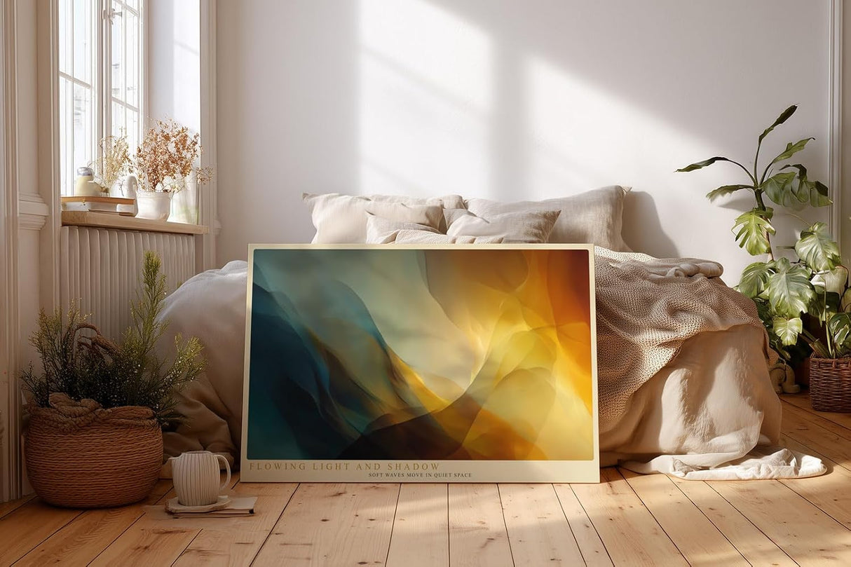 Paul Sinus Wandbild 120x80cm abstrakte Farben moderne Kunst fliessende Formen gold blau Kunstdruck stilvolle Wanddekoration fuer Wohnzimmer Büro Schlafzimmer