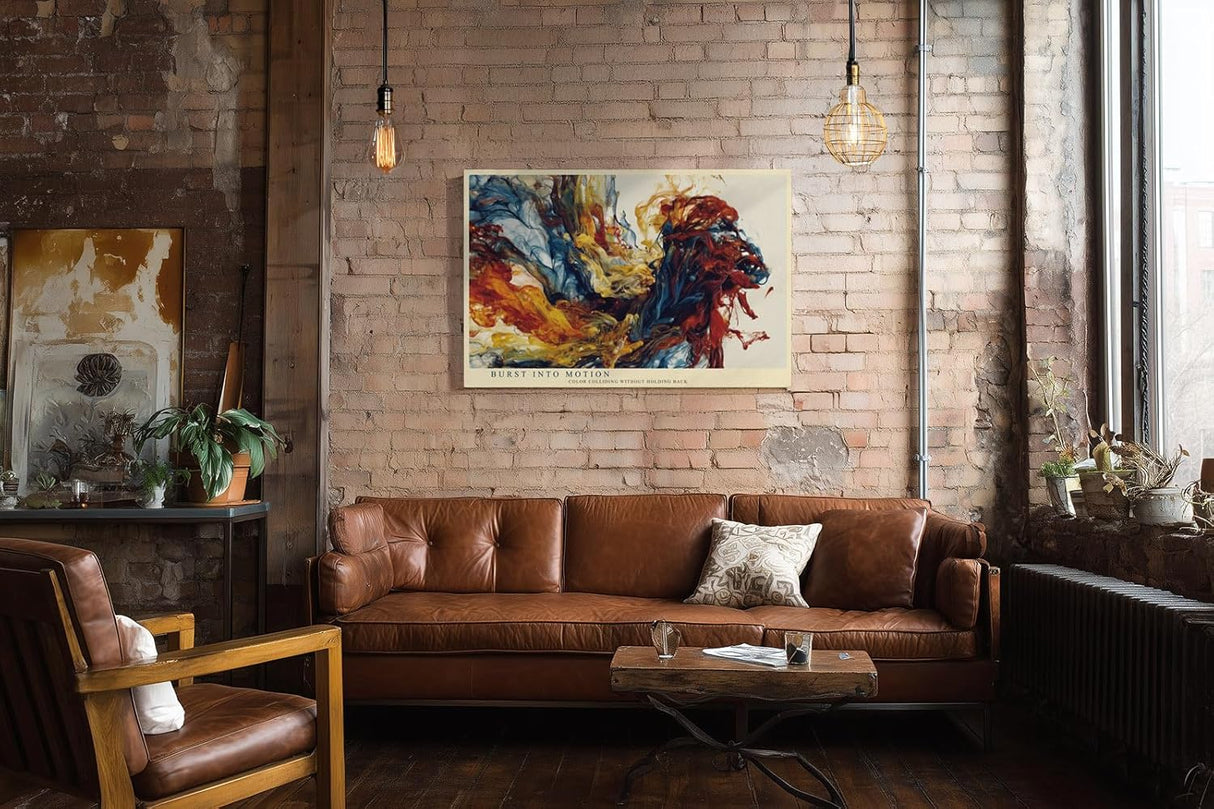 Paul Sinus Wandbild 120x80cm abstrakte Farbexplosion moderne Kunst rot blau gelb dynamische Malerei grosses Kunstbild stilvolle Wanddekoration fuer Wohnzimmer Büro Atelier