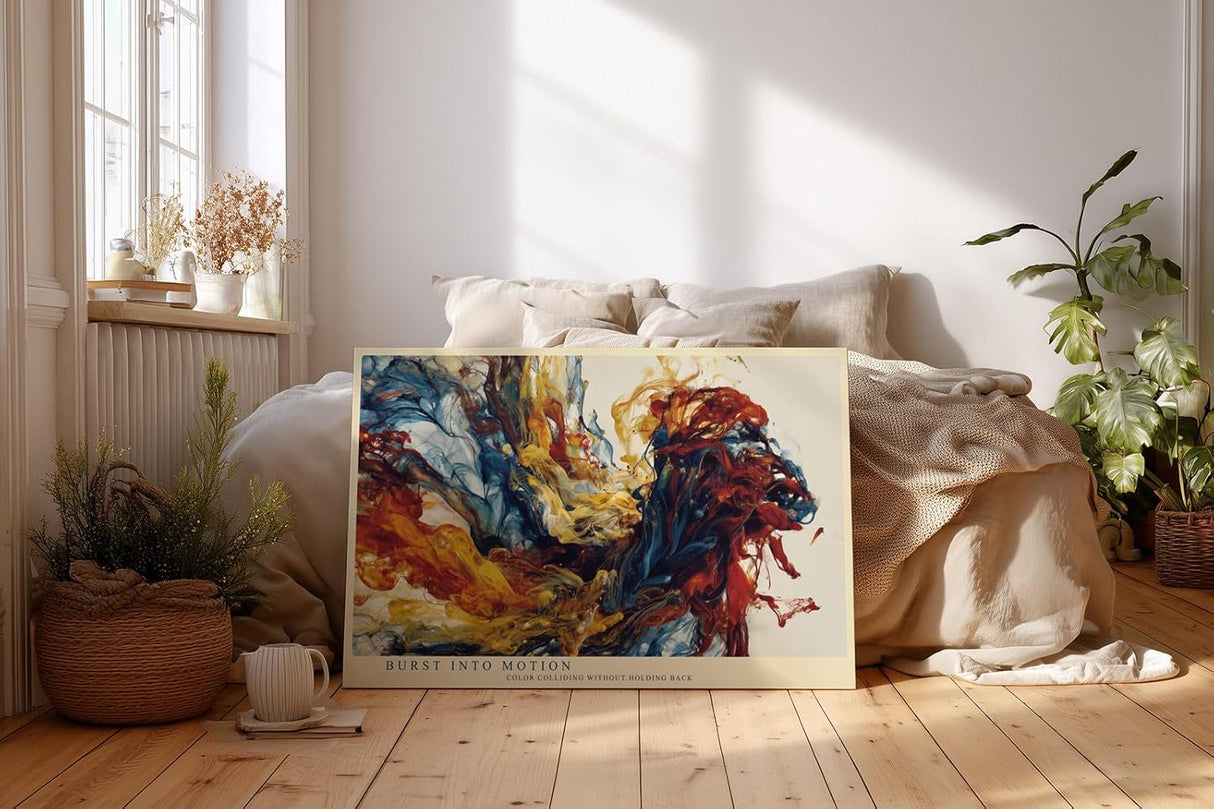 Paul Sinus Wandbild 120x80cm abstrakte Farbexplosion moderne Kunst rot blau gelb dynamische Malerei grosses Kunstbild stilvolle Wanddekoration fuer Wohnzimmer Büro Atelier