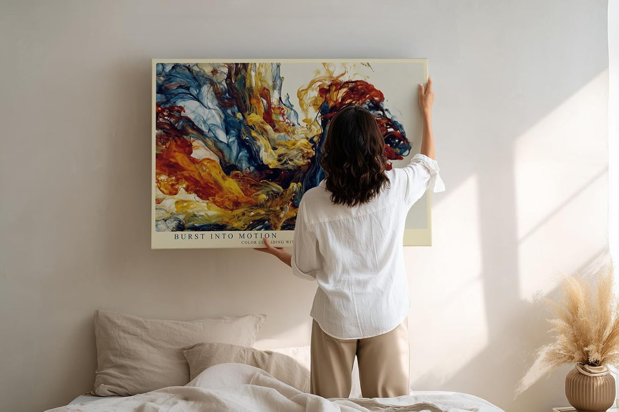 Paul Sinus Wandbild 120x80cm abstrakte Farbexplosion moderne Kunst rot blau gelb dynamische Malerei grosses Kunstbild stilvolle Wanddekoration fuer Wohnzimmer Büro Atelier