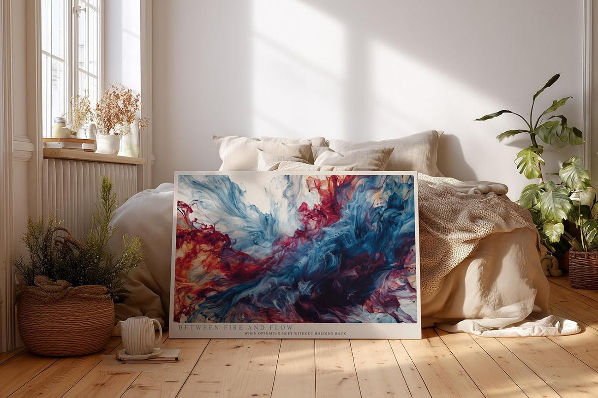 Paul Sinus Wandbild 120x80cm abstrakte Farbexplosion rot blau moderne Kunst dynamische Farbwolken Wanddekoration fuer Wohnzimmer Büro