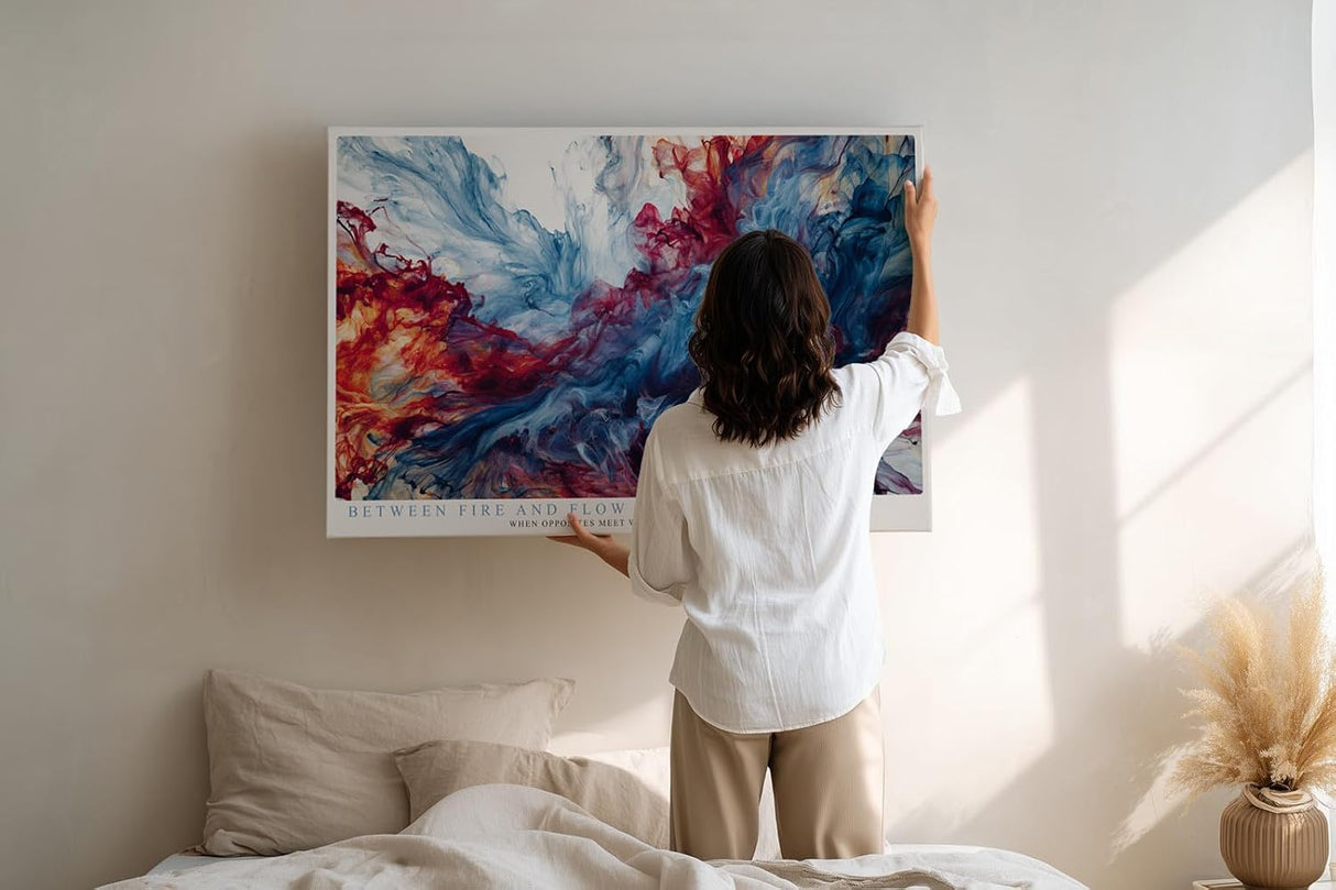 Paul Sinus Wandbild 120x80cm abstrakte Farbexplosion rot blau moderne Kunst dynamische Farbwolken Wanddekoration fuer Wohnzimmer Büro