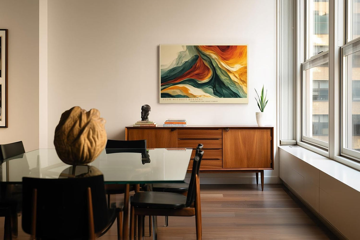 Paul Sinus Wandbild 120x80cm abstrakte Farbkomposition orange gelb gruen moderne Kunst dynamische Linien abstrakte Wanddekoration fuer Wohnzimmer Büro