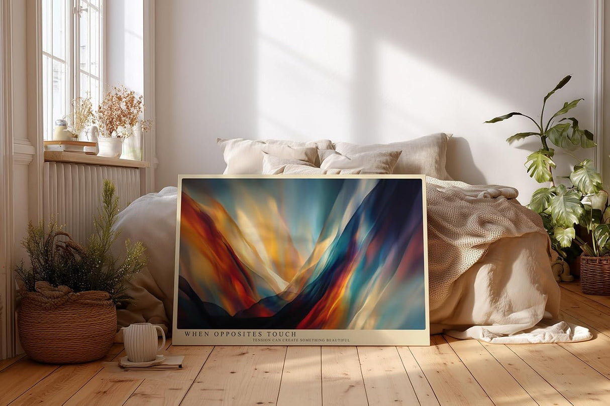 Paul Sinus Wandbild 120x80cm abstrakte Farblandschaft mit Licht und Bewegung moderne Kunst in Blau Orange und Gold dynamisches Kunstbild für Wohnzimmer Büro