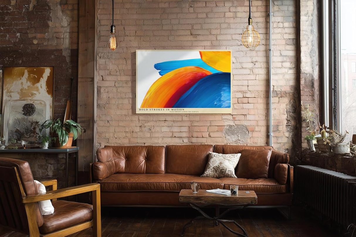 Paul Sinus Wandbild 120x80cm abstrakte Farbmalerei moderne Pinselstriche in blau orange gelb dynamisches Kunstposter kreative Wanddekoration fuer Wohnzimmer Büro Atelier