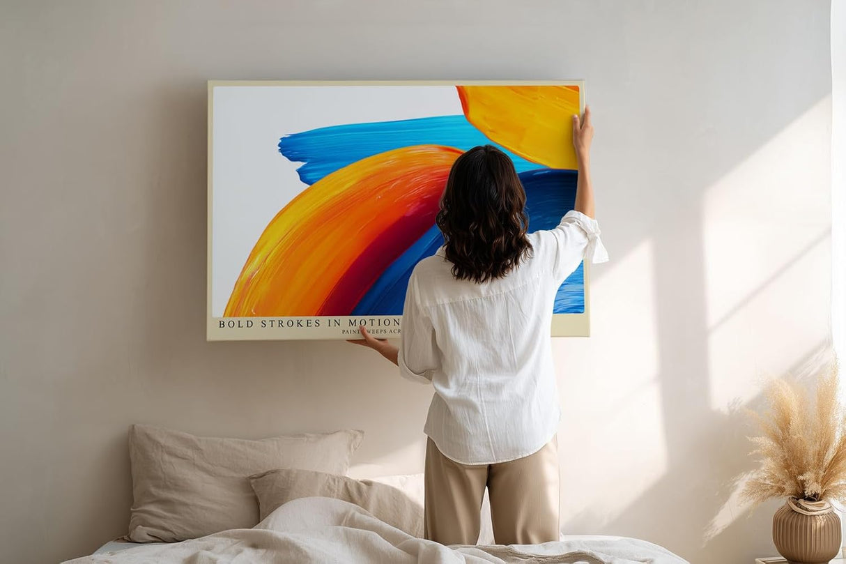 Paul Sinus Wandbild 120x80cm abstrakte Farbmalerei moderne Pinselstriche in blau orange gelb dynamisches Kunstposter kreative Wanddekoration fuer Wohnzimmer Büro Atelier