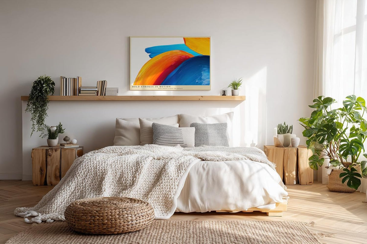 Paul Sinus Wandbild 120x80cm abstrakte Farbmalerei moderne Pinselstriche in blau orange gelb dynamisches Kunstposter kreative Wanddekoration fuer Wohnzimmer Büro Atelier