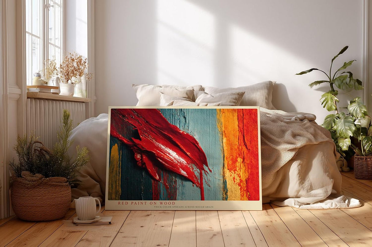 Paul Sinus Wandbild 120x80cm Abstrakte Farbstruktur Rot Blau Moderne Kunst auf Holzoptik fuer Wohnzimmer Büro und Loft