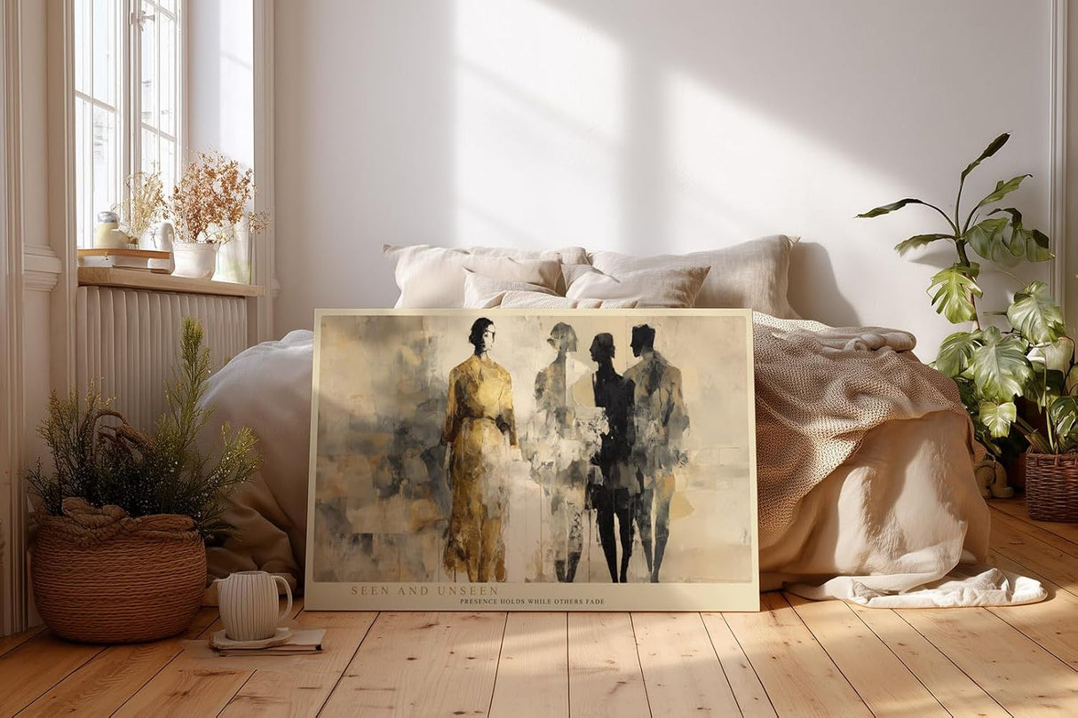 Paul Sinus Wandbild 120x80cm abstrakte Figuren moderne Kunst Menschen Silhouetten beige goldene Farbtoene stilvolle Leinwand Wanddekoration fuer Wohnzimmer Büro