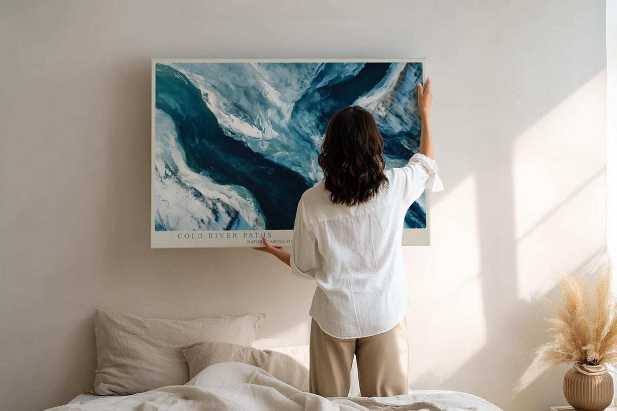 Paul Sinus Wandbild 120x80cm abstrakte Flusslandschaft blau weiss moderne Naturkunst Luftaufnahme Stil Wanddekoration fuer Wohnzimmer Büro