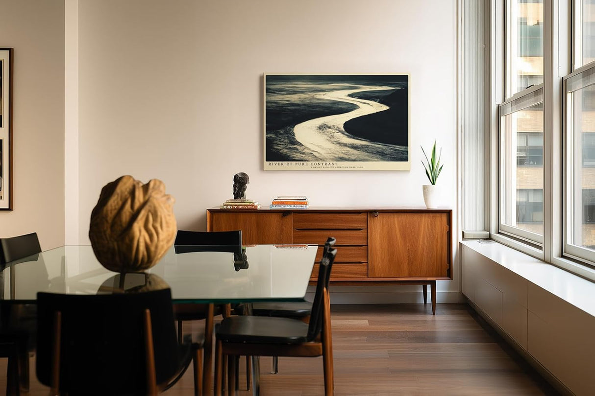 Paul Sinus Wandbild 120x80cm abstrakte Flusslandschaft schwarz weiss Kontrast Natur Kunst Kunstdruck grosses Kunstbild moderne Wanddekoration fuer Wohnzimmer Büro
