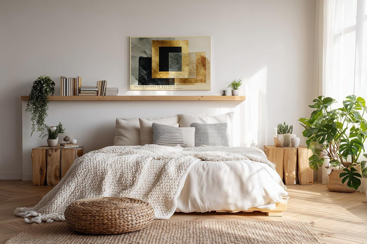 Paul Sinus Wandbild 120x80cm Abstrakte Geometrische Formen in Schwarz Gold und Beige Moderne Kunst für Wohnzimmer Büro und Flur