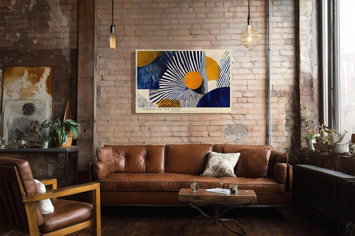 Paul Sinus Wandbild 120x80cm abstrakte geometrische Kunst blau weiss orange modernes Designmotiv stilvolle Wanddekoration fuer Wohnzimmer Büro