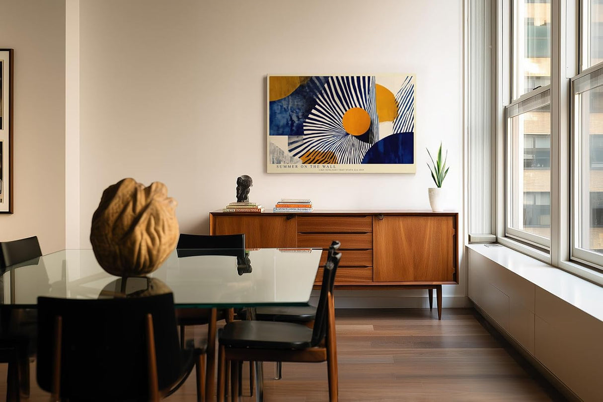 Paul Sinus Wandbild 120x80cm abstrakte geometrische Kunst blau weiss orange modernes Designmotiv stilvolle Wanddekoration fuer Wohnzimmer Büro
