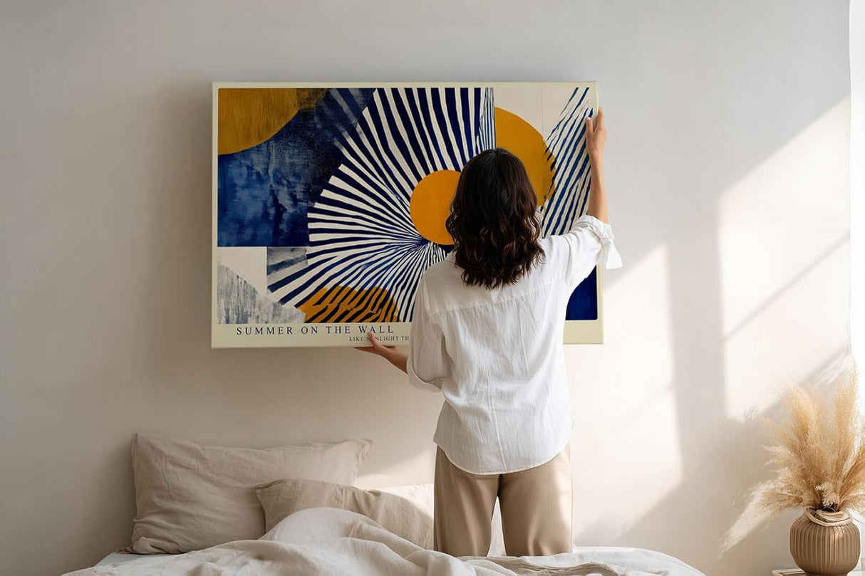 Paul Sinus Wandbild 120x80cm abstrakte geometrische Kunst blau weiss orange modernes Designmotiv stilvolle Wanddekoration fuer Wohnzimmer Büro