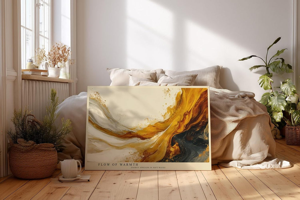 Paul Sinus Wandbild 120x80cm abstrakte goldene Farbbewegung moderne Fluid Art warmes Kunstbild mit weiss und schwarz stilvolle Wanddekoration fuer Wohnzimmer Büro