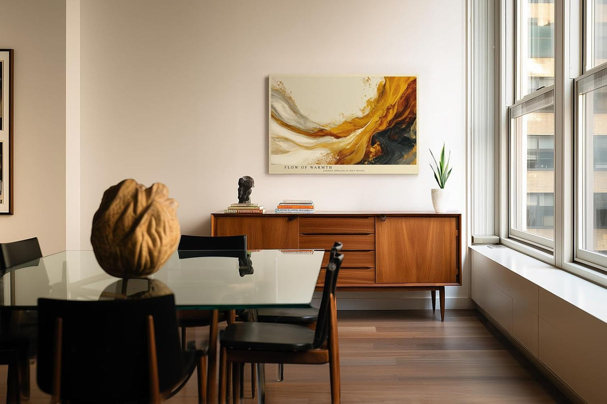 Paul Sinus Wandbild 120x80cm abstrakte goldene Farbbewegung moderne Fluid Art warmes Kunstbild mit weiss und schwarz stilvolle Wanddekoration fuer Wohnzimmer Büro