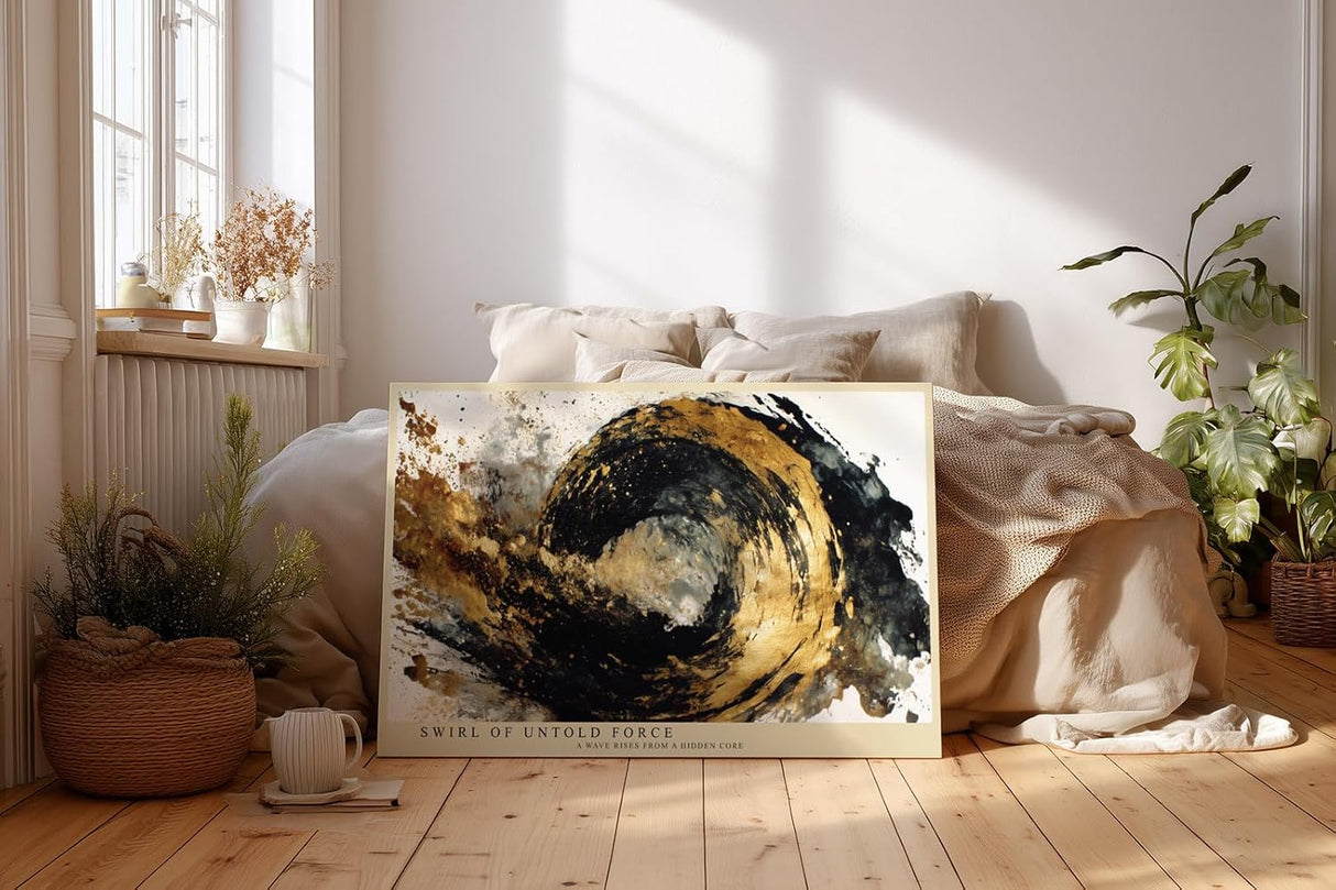 Paul Sinus Wandbild 120x80cm Abstrakte Goldene Welle Moderne Kunst in Schwarz Gold Dynamisches Design für Wohnzimmer Büro und Galerie
