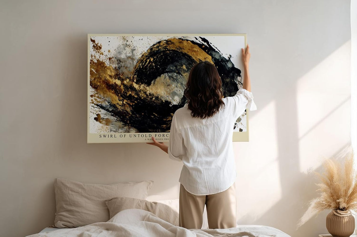 Paul Sinus Wandbild 120x80cm Abstrakte Goldene Welle Moderne Kunst in Schwarz Gold Dynamisches Design für Wohnzimmer Büro und Galerie