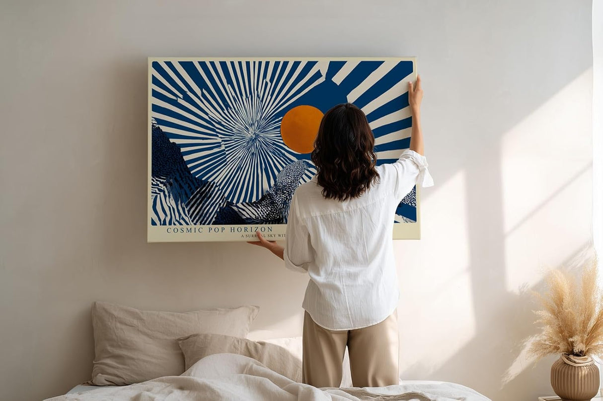 Paul Sinus Wandbild 120x80cm abstrakte Grafik Landschaft mit Sonne Pop Art Stil blau orange modernes Kunstbild grafische Wanddekoration für Wohnzimmer Büro Atelier