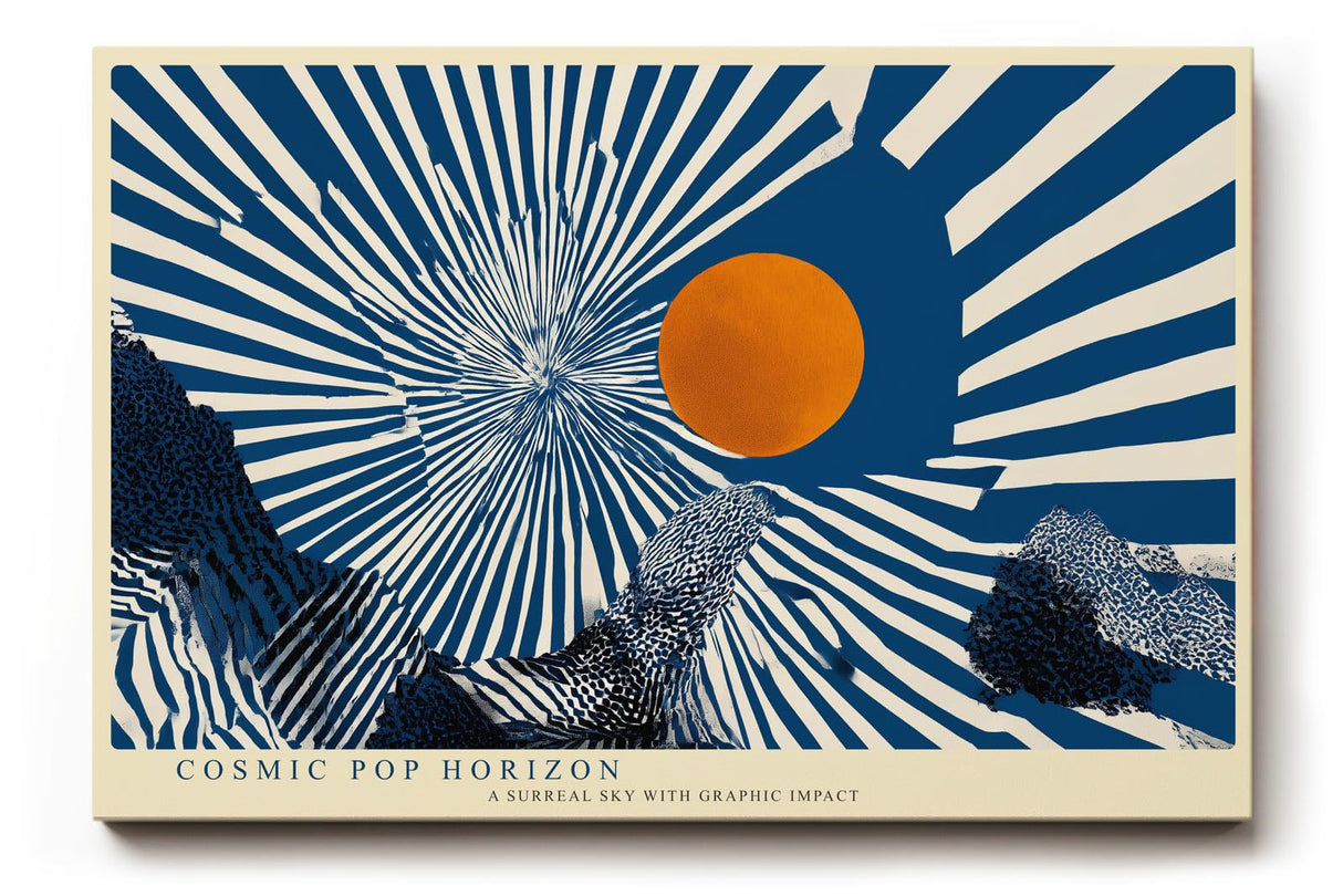 Paul Sinus Wandbild 120x80cm abstrakte Grafik Landschaft mit Sonne Pop Art Stil blau orange modernes Kunstbild grafische Wanddekoration für Wohnzimmer Büro Atelier