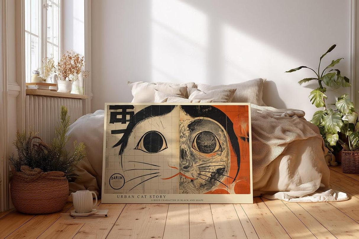 Paul Sinus Wandbild 120x80cm abstrakte Katze moderne Grafik Kunst schwarz weiss orange urbaner Kunststil modernes Katzen Kunstbild Wanddekoration fuer Wohnzimmer Büro