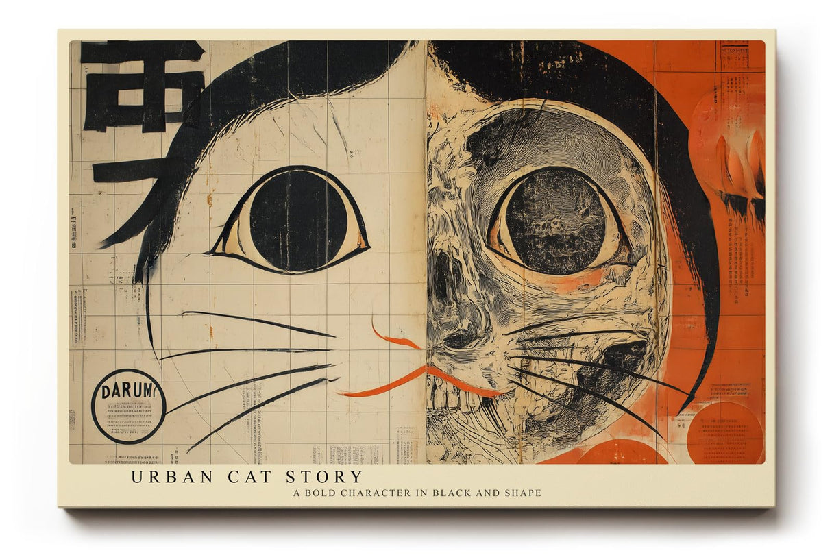 Paul Sinus Wandbild 120x80cm abstrakte Katze moderne Grafik Kunst schwarz weiss orange urbaner Kunststil modernes Katzen Kunstbild Wanddekoration fuer Wohnzimmer Büro