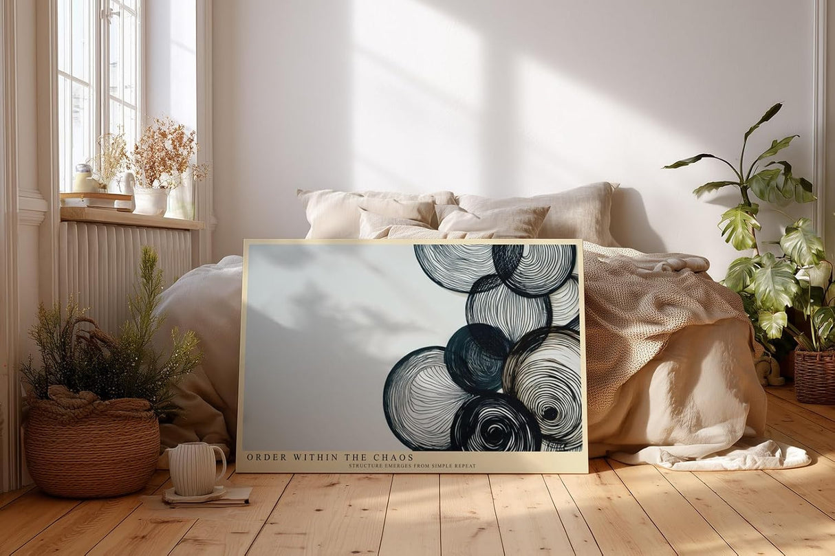 Paul Sinus Wandbild 120x80cm abstrakte Kreise Linien Kunst modern minimalistische Grafik Wanddekoration schwarz beige fuer Wohnzimmer Büro