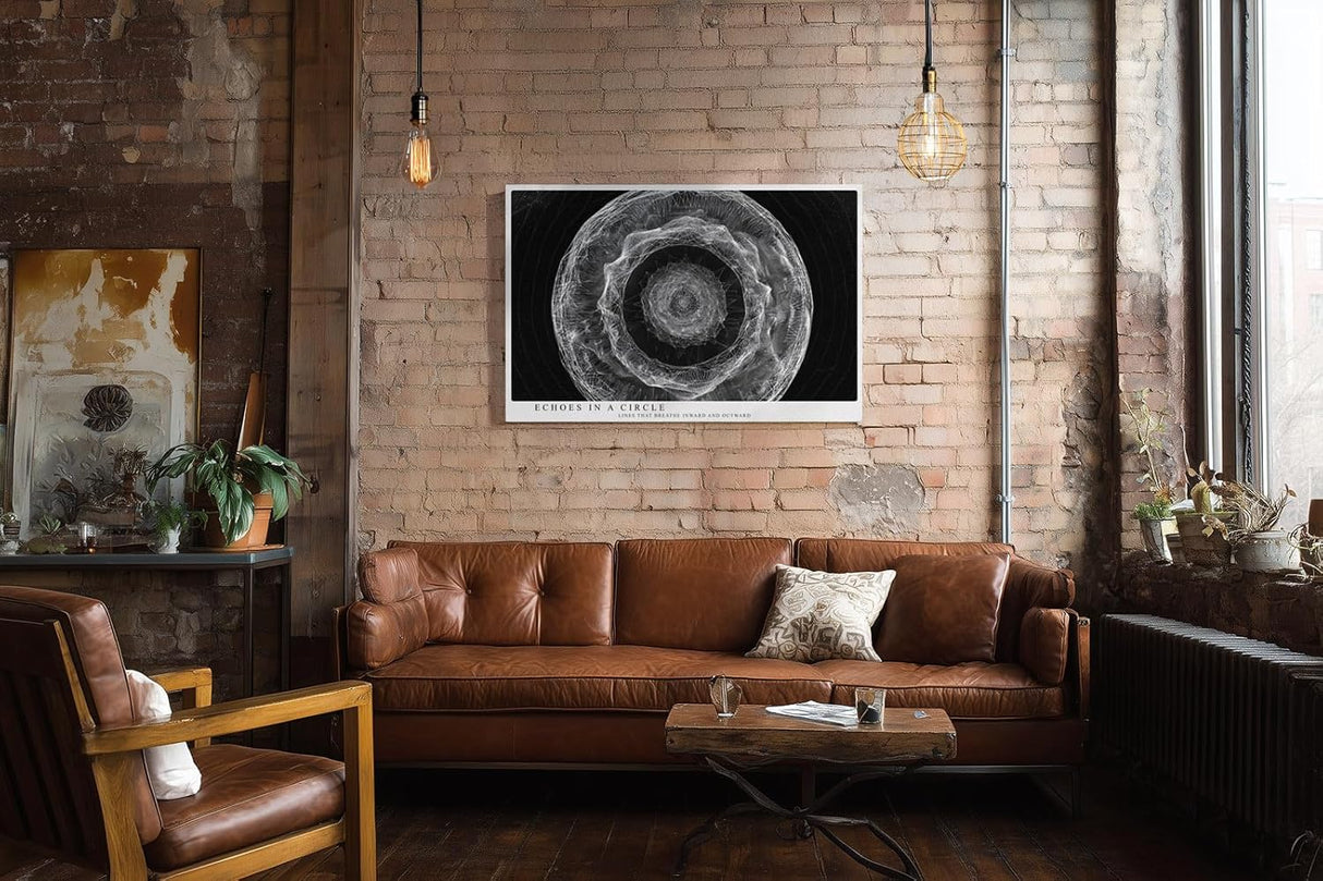 Paul Sinus Wandbild 120x80cm abstrakte Kreisstruktur monochrom moderne Linienkunst schwarz weiss spirituelle Geometrie grosses Kunstbild Wanddekoration fuer Wohnzimmer Büro Flur