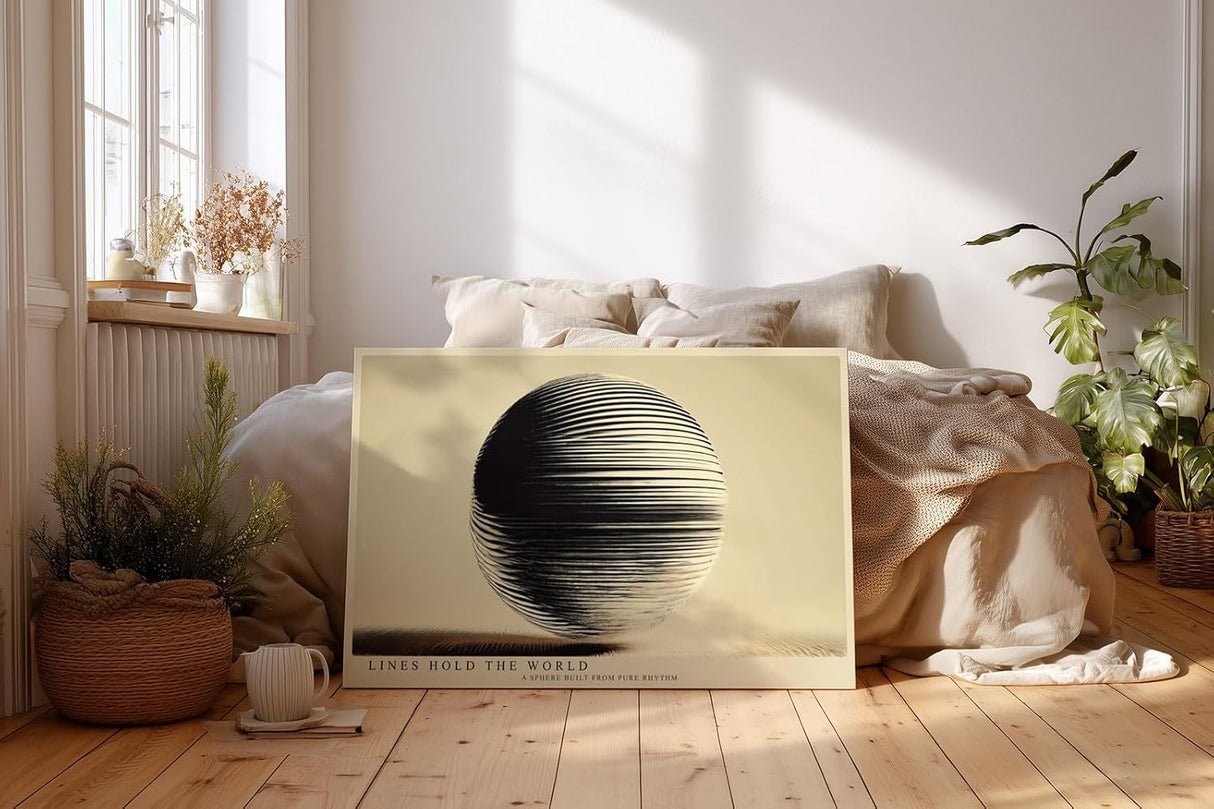 Paul Sinus Wandbild 120x80cm Abstrakte Kugel Geometrische Linien Kunst Minimalistisches Design Schwarz Beige Kunstdruck Poster Grosse Moderne Wanddekoration fuer Wohnzimmer Büro