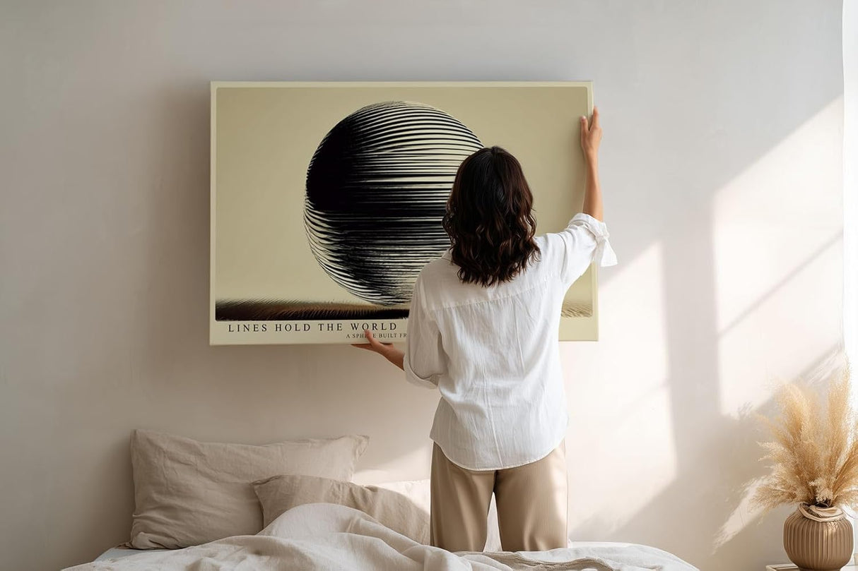 Paul Sinus Wandbild 120x80cm Abstrakte Kugel Geometrische Linien Kunst Minimalistisches Design Schwarz Beige Kunstdruck Poster Grosse Moderne Wanddekoration fuer Wohnzimmer Büro