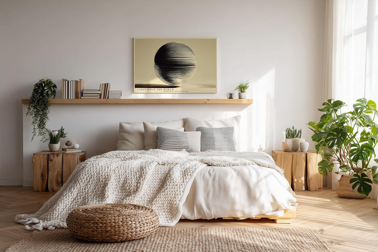Paul Sinus Wandbild 120x80cm Abstrakte Kugel Geometrische Linien Kunst Minimalistisches Design Schwarz Beige Kunstdruck Poster Grosse Moderne Wanddekoration fuer Wohnzimmer Büro