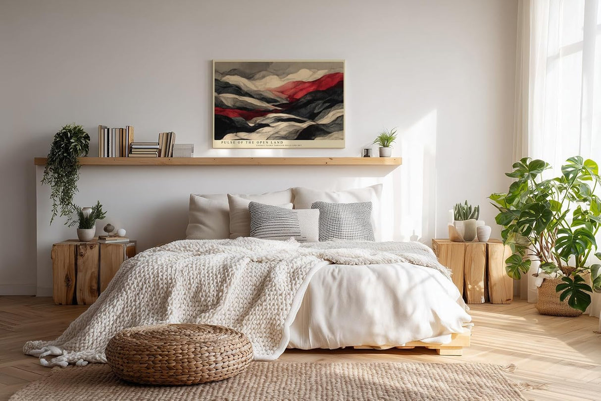 Paul Sinus Wandbild 120x80cm Abstrakte Landschaft in Schwarz Weiß und Rot Moderne Kunst für Wohnzimmer Büro und Atelier