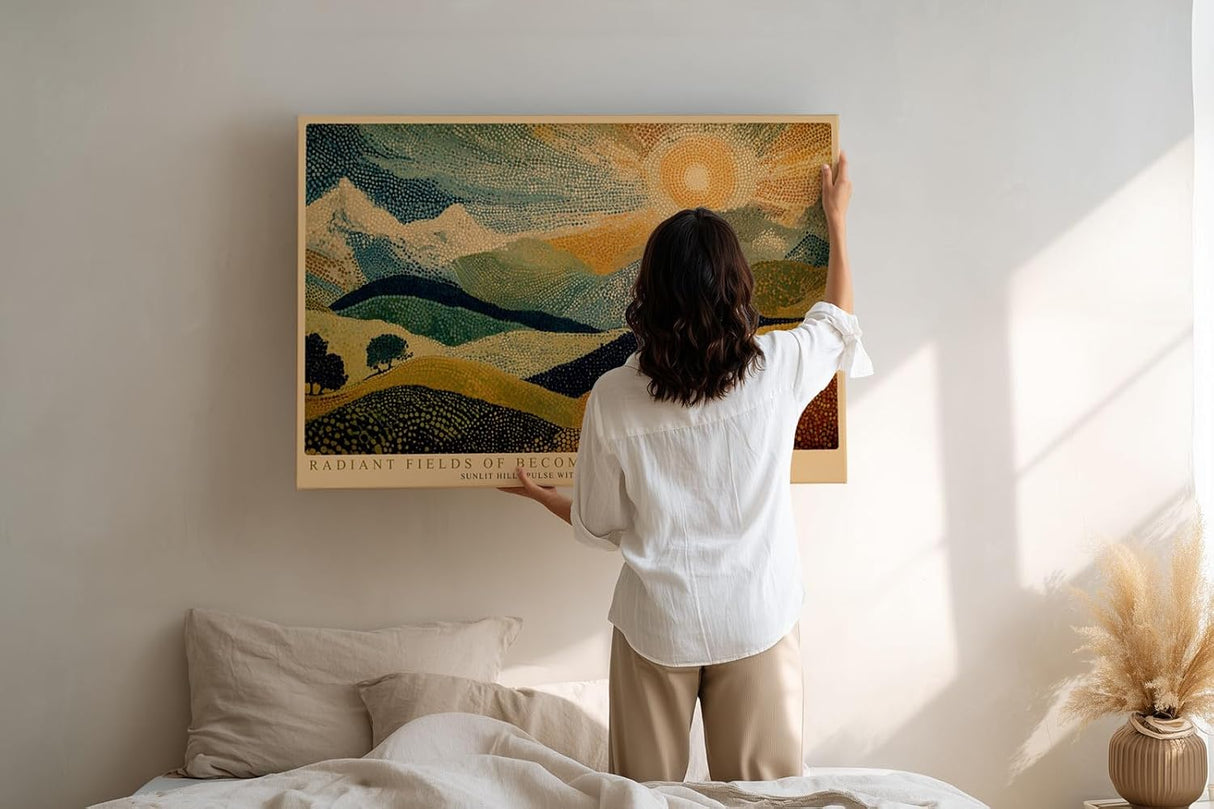 Paul Sinus Wandbild 120x80cm Abstrakte Landschaft Punktmalerei Sonne Huegellandschaft moderne Kunst Wanddekoration Wohnzimmer