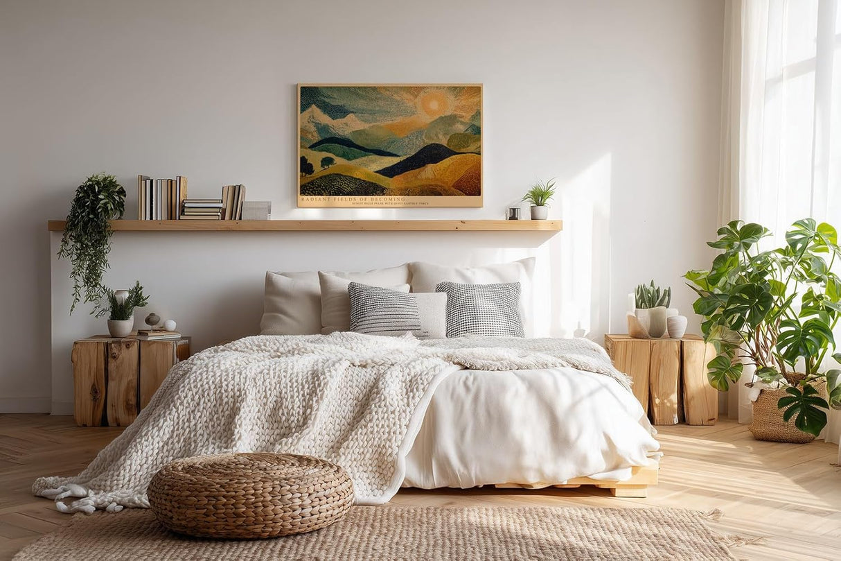 Paul Sinus Wandbild 120x80cm Abstrakte Landschaft Punktmalerei Sonne Huegellandschaft moderne Kunst Wanddekoration Wohnzimmer