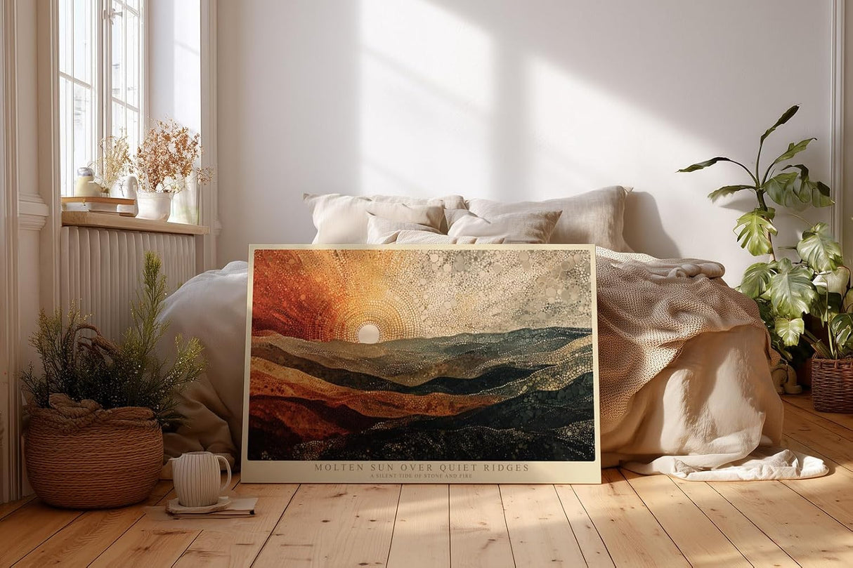 Paul Sinus Wandbild 120x80cm Abstrakte Landschaft Sonne Berge Kunstmotiv Moderne Naturkomposition mit warmen Erdtoenen