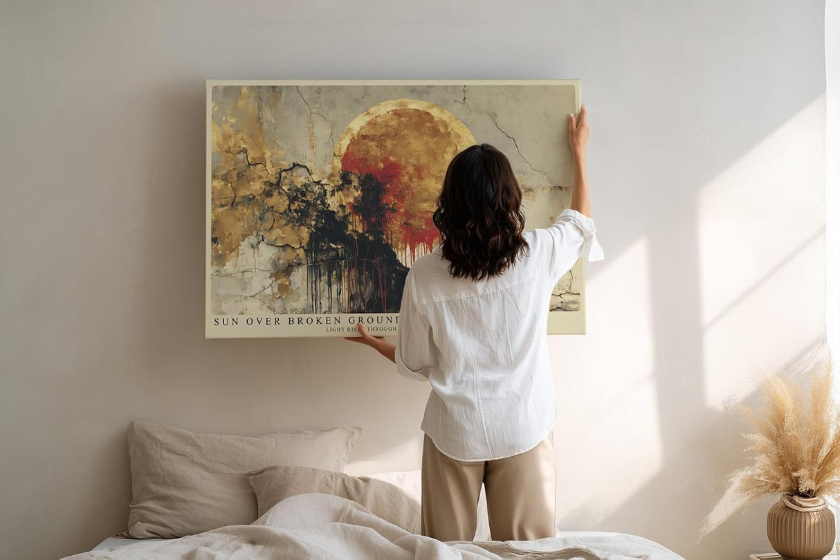 Paul Sinus Wandbild 120x80cm abstrakte Landschaft Sonne Gold Rot moderne Kunst dramatische Wanddekoration fuer Wohnzimmer Büro